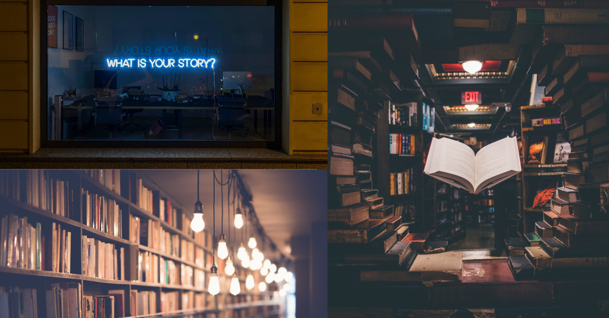 a neon sign in a window saying "what is your story?" above a row of bookshelves in a long room, beside another image of an open book surrounded by other books