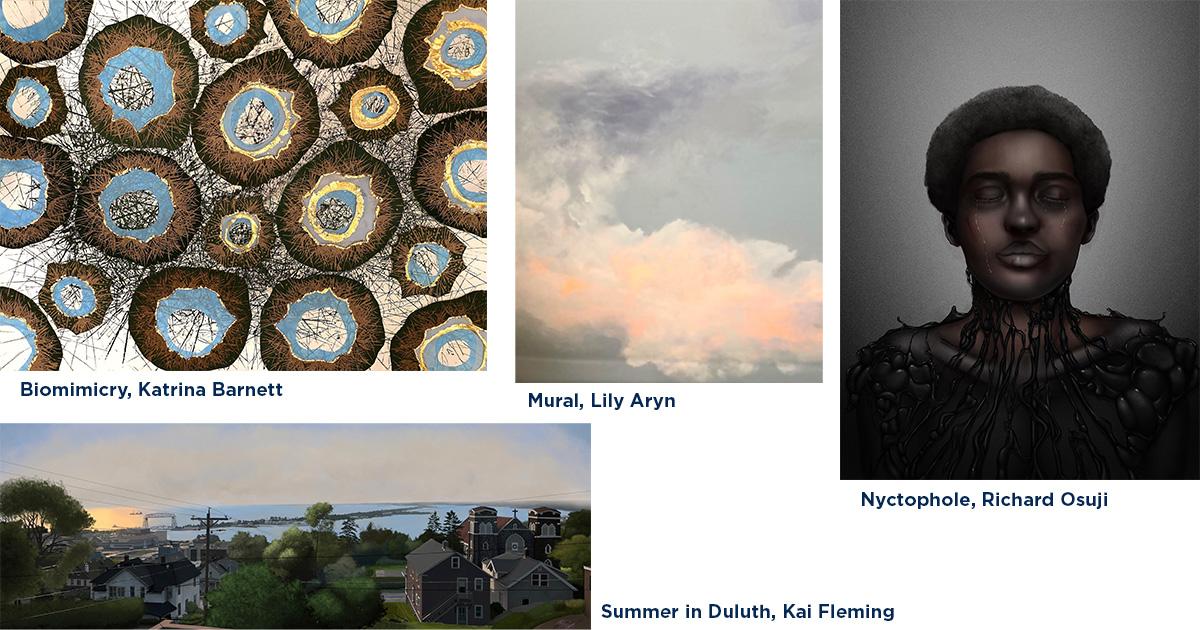 four images of artworks: Biomimicry, by Katrina Barnett; Mural, by Lily Aryn; Nyctophile, by Richard Osuji; and Summer in Duluth, by Kai Fleming