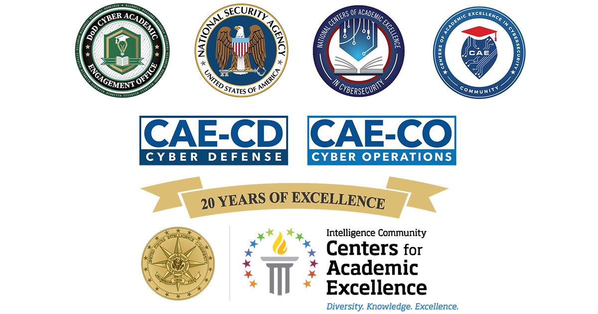 Logos for DOD cyber engagement office, National Security Agency, National Centers of Academic Excellence in Cyber Security, and the Centers of Academic Excellence in Cyber Security Community, over the 20 years of Excellence banner