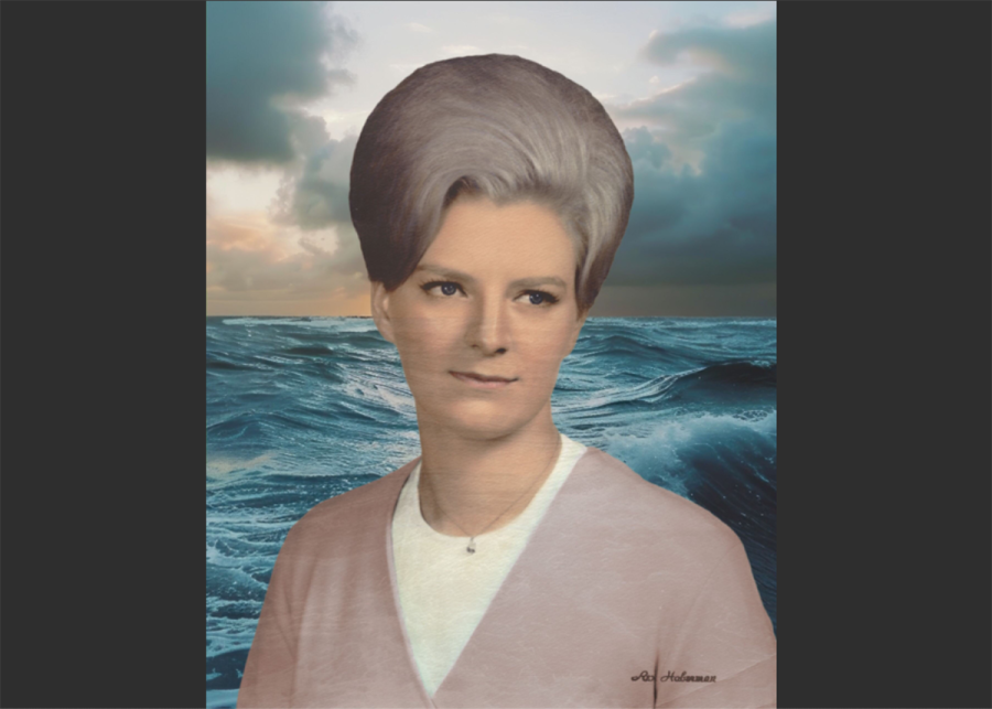 Image of a woman superimposed over an image of water and clouds