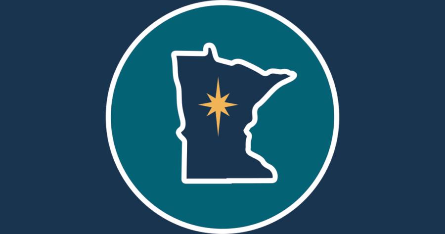 A dark blue outline of Minnesota with a gold star on it, on top of a teal circle against a dark blue backdrop